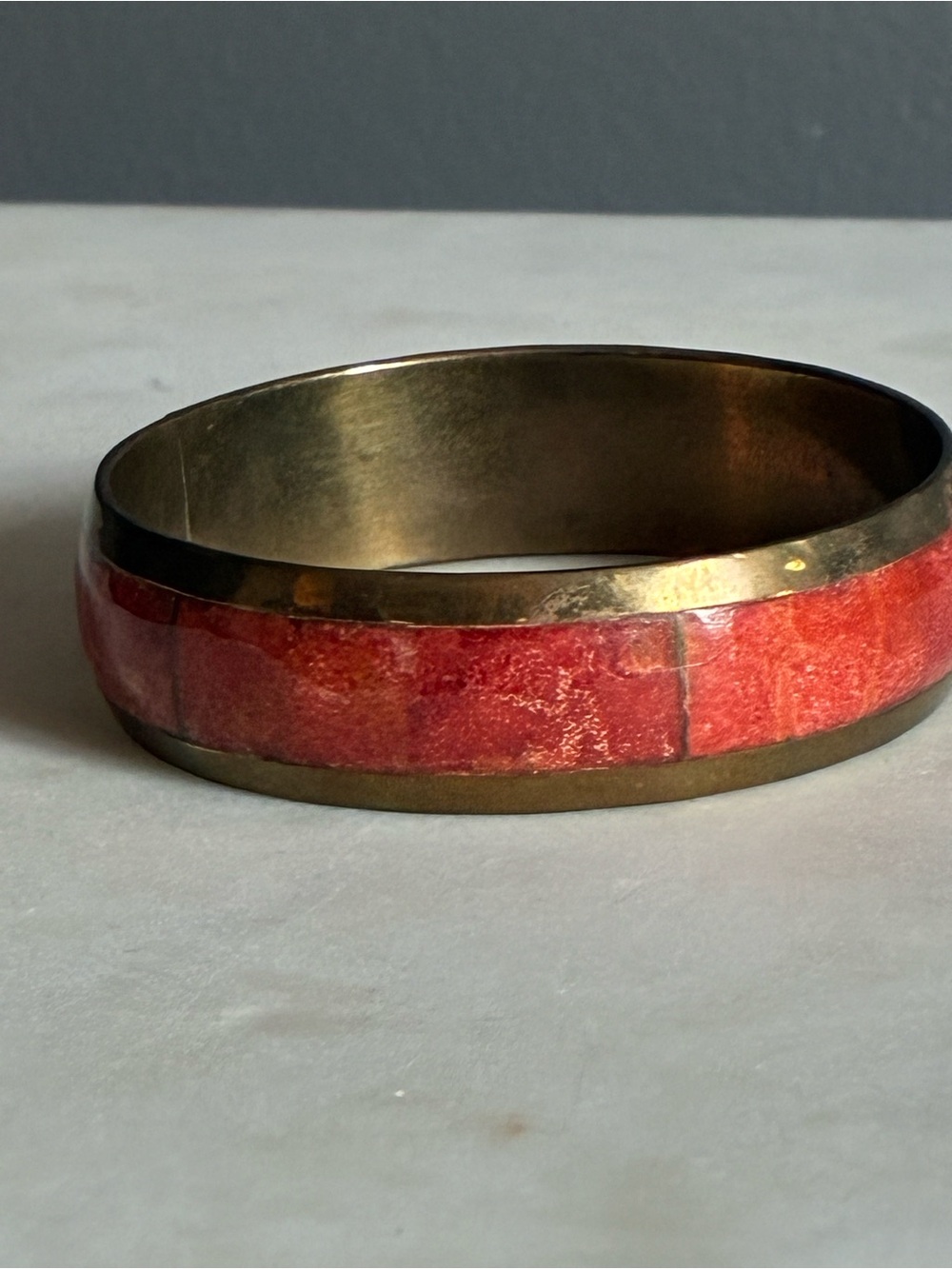 Brass Bangle Bracelet with Burnt Orange Inlay